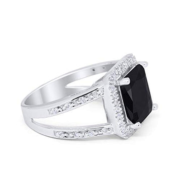 Halo Split Shank Engagement Ring Simulated Black CZ 925 Sterling Silver